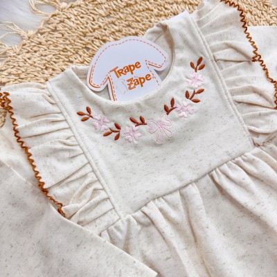 Conj. Batinha de Linho com Flores Bordadas e Calça Legging - Areia e Marrom